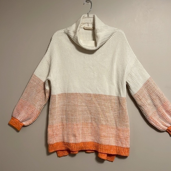 Soft Surroundings Porto White & Orange Ombré Cowl Neck Rib Sweater Puffed Sleeve - Picture 2 of 14